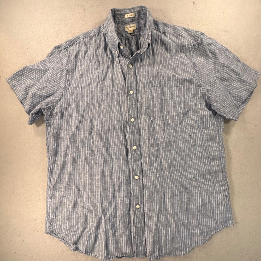 J.Crew Baird McNutt Irish Linen Shirt Mens Large Blue White Stripe Classic Fit